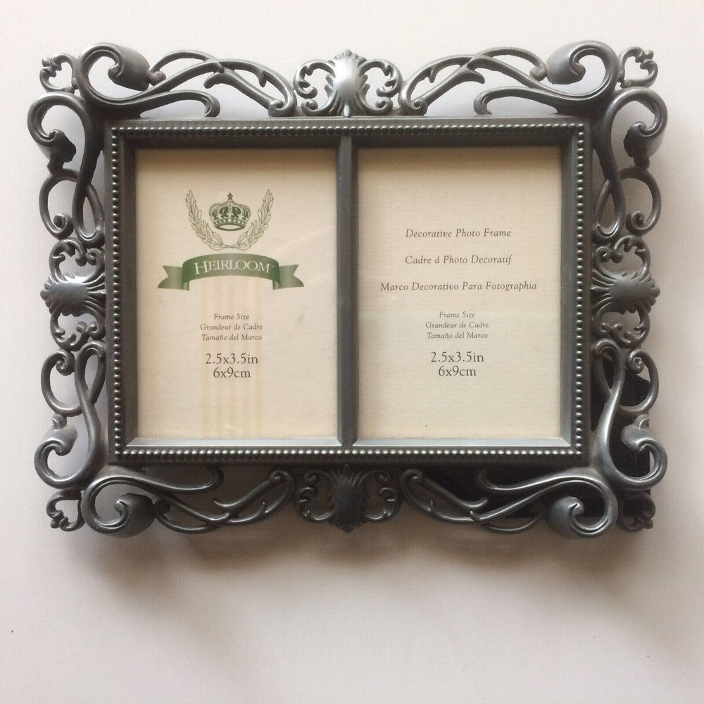Heirloom Dbl Frame Metal (2) 2.5"X3.5" Photos 5X7 Ornate Exterior Pre-Owned
